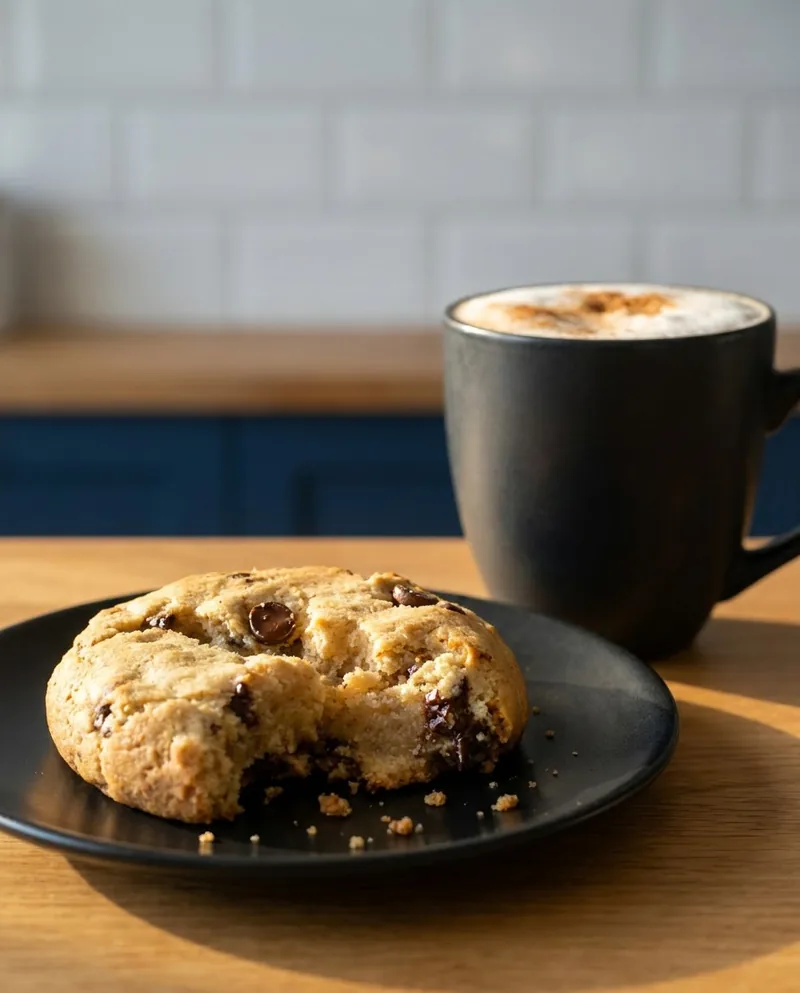 Galleta estilo New York de chocochip en plato negro junto a una taza de café