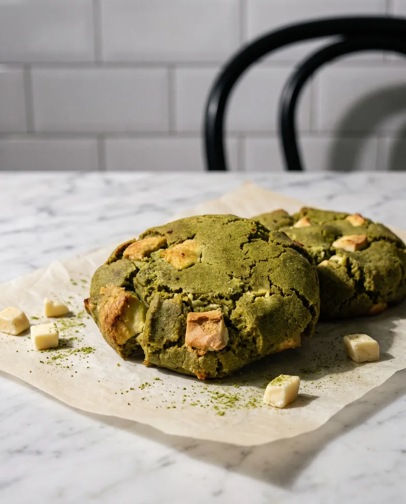 Galleta estilo New York de matcha con chocolate blanco, sobre papel encerado