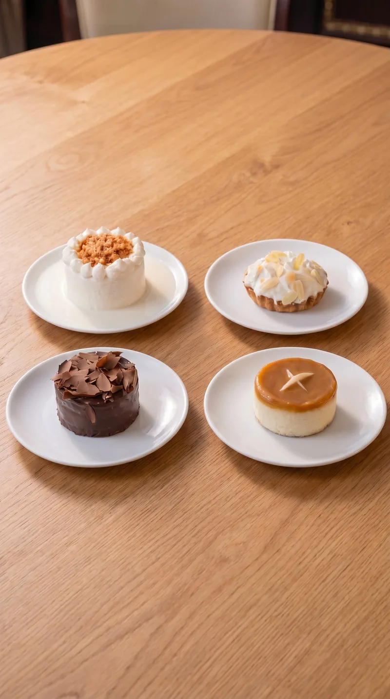 Cuatro postres individuales en platos blancos, vistos desde arriba sobre mesa de roble